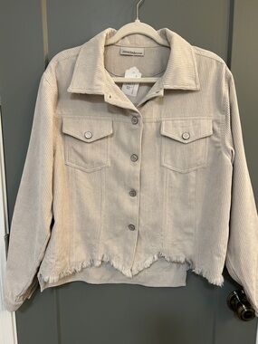 Zenana Outfitters Cream Corduroy Shacket with Frayed Hem Size Medium